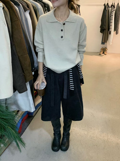 // 30%wool鈕扣直坑紋翻領毛衣