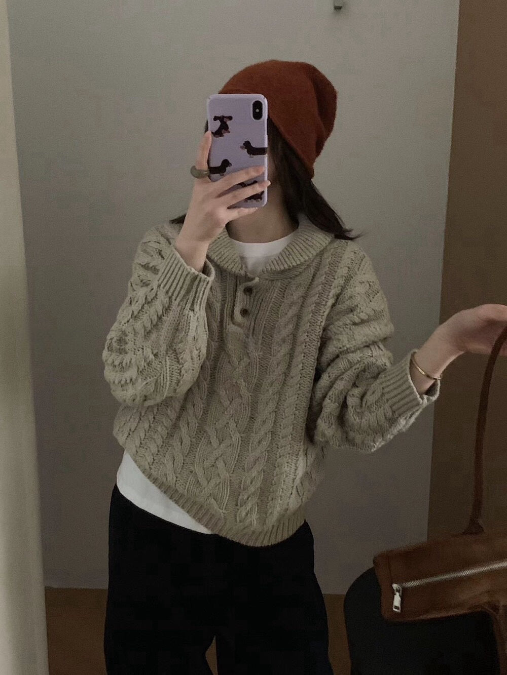 // 30%羊毛紋理感麻花鈕扣翻領毛衣