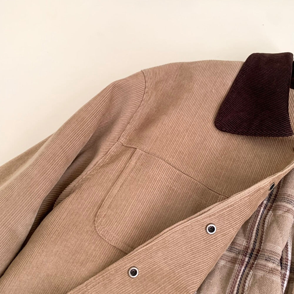 // 復古感拼色領內格紋燈芯絨外套