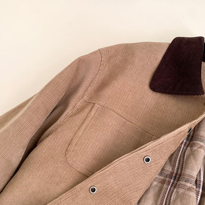 // 復古感拼色領內格紋燈芯絨外套