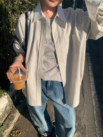 🦒 拼色領子棉麻間條恤衫