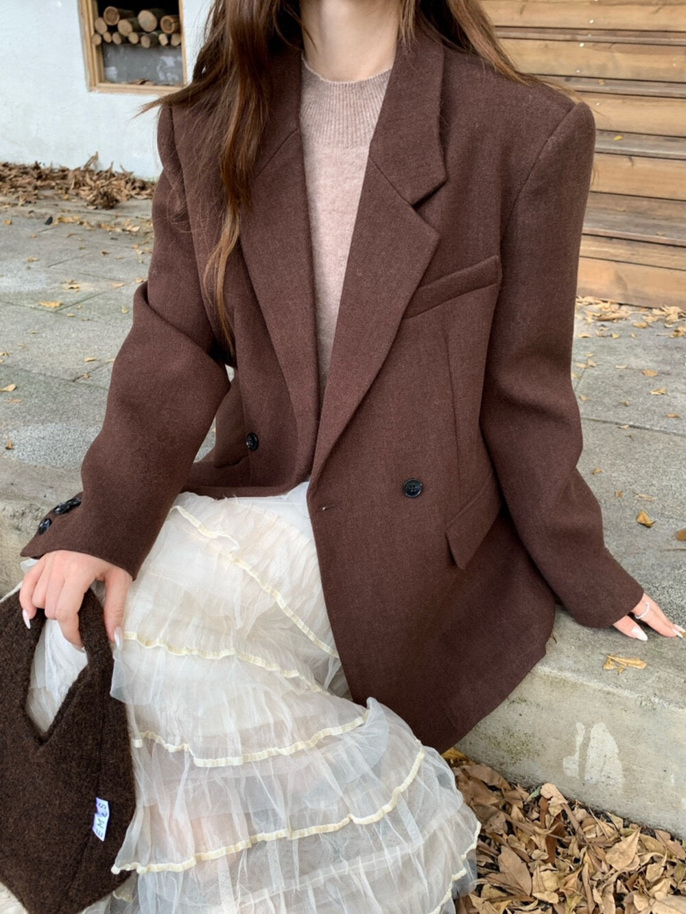 // 10%wool經典雙排扣毛呢西裝外套