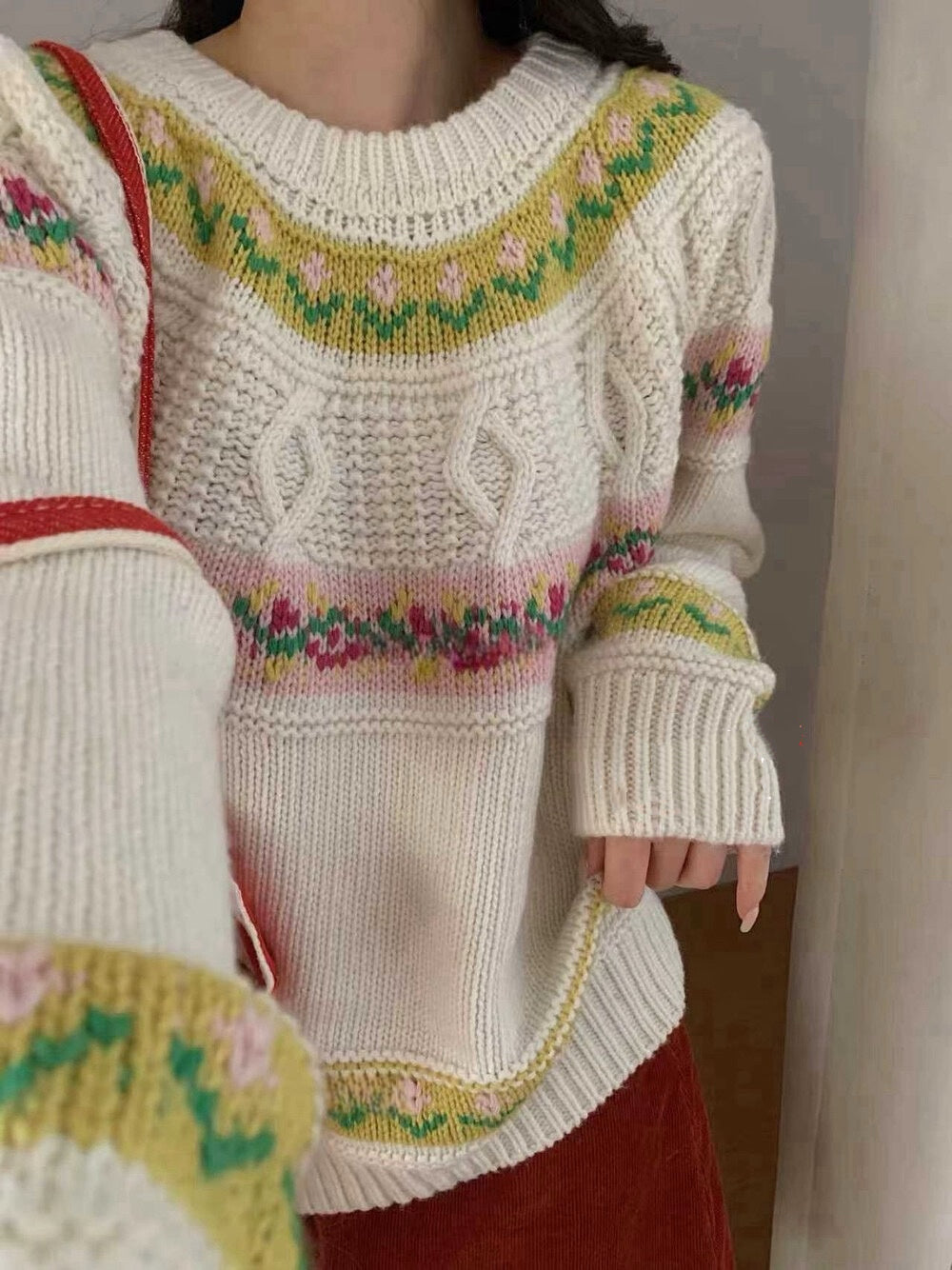 // 30%綿羊毛超美撞色花紋毛衣