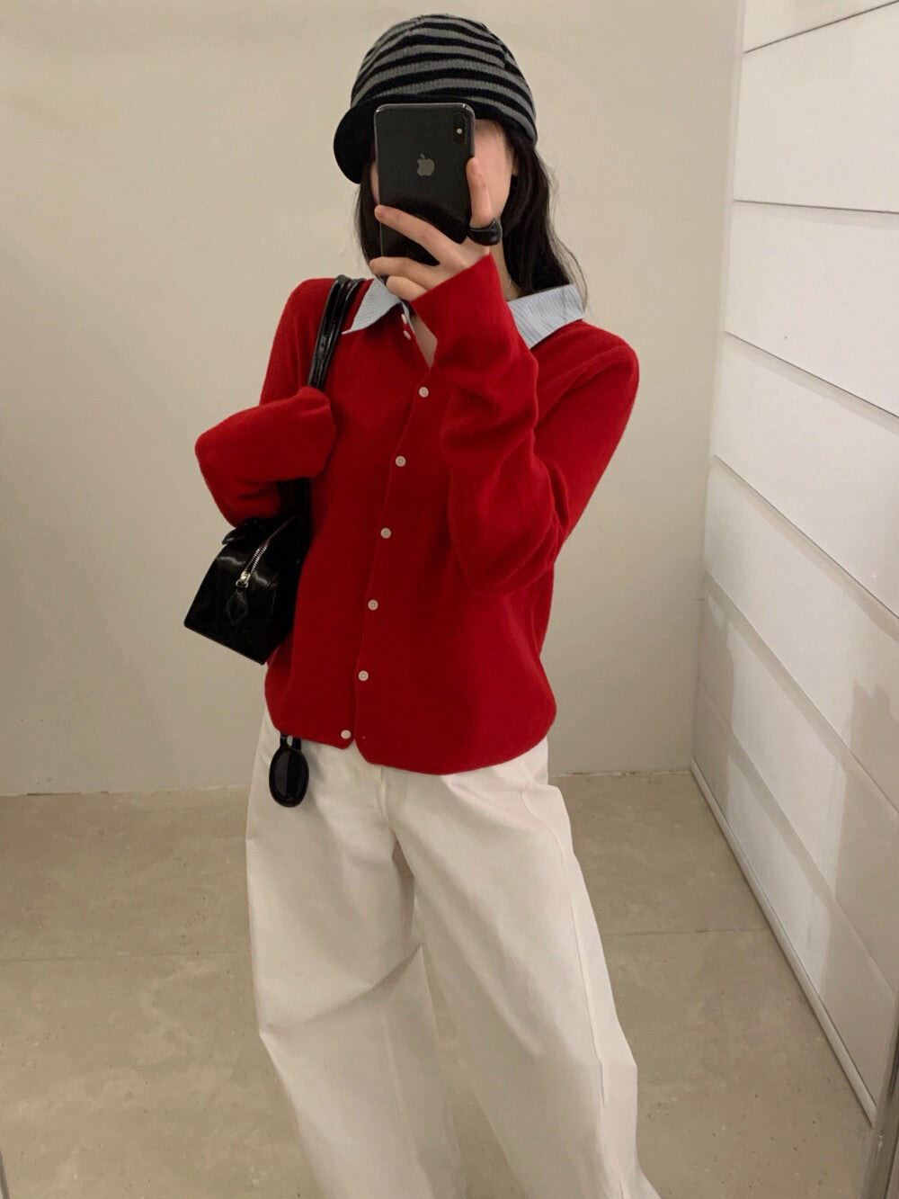 // 拼接間條恤衫領假兩件針織上衣