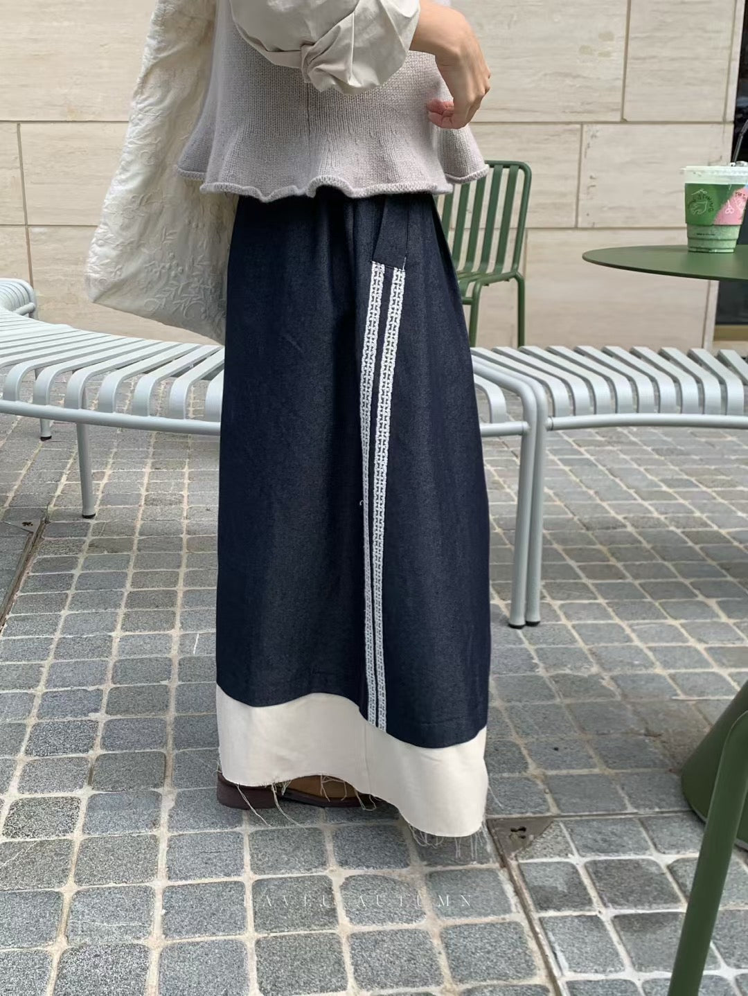 // 超重工棉麻拼lace不修邊傘裙