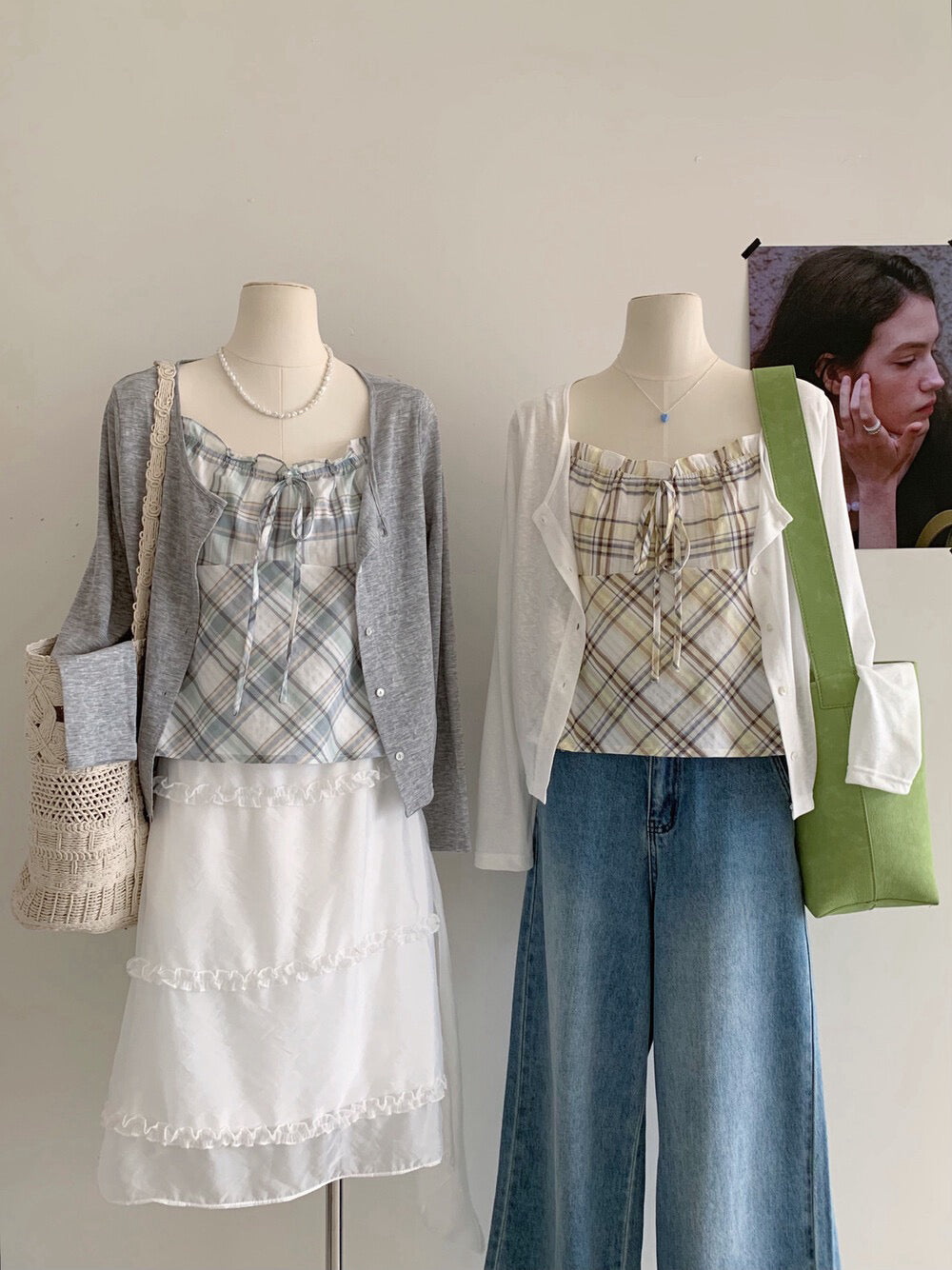 // 花邊格紋小吊帶+薄針織外套套裝