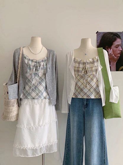 // 花邊格紋小吊帶+薄針織外套套裝