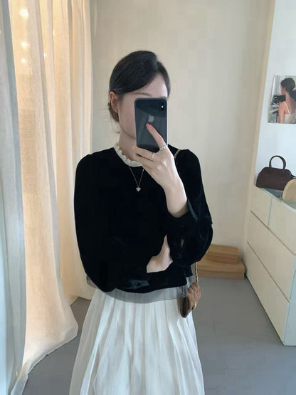 // 氣質絲絨花邊領後綁帶拼lace腳BL