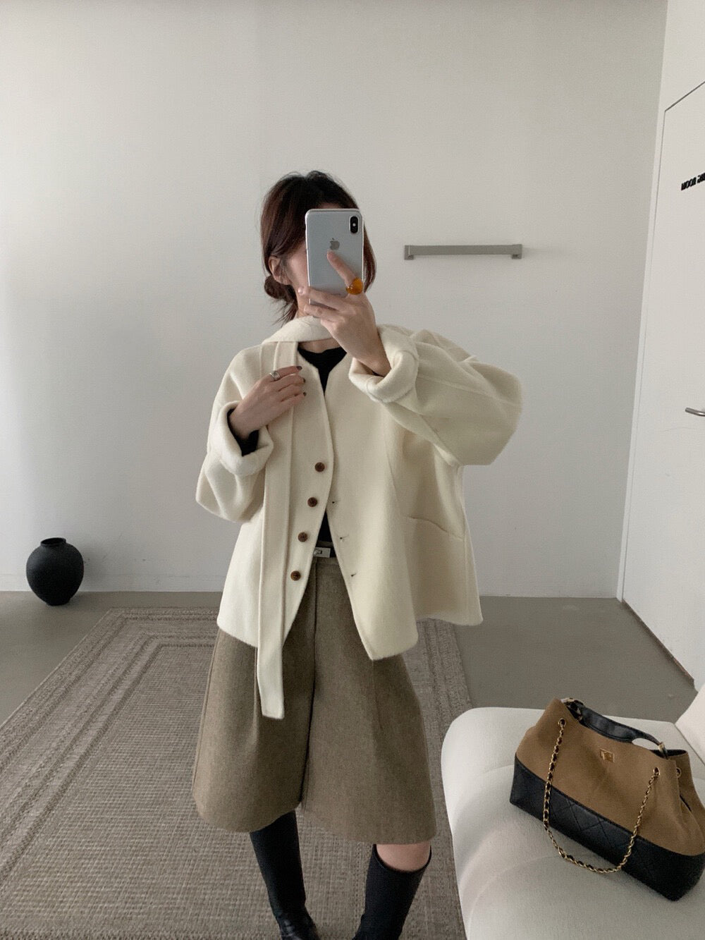 // 100%雙面羊毛handmade小V領連領帶外套