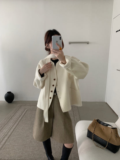 // 100%雙面羊毛handmade小V領連領帶外套