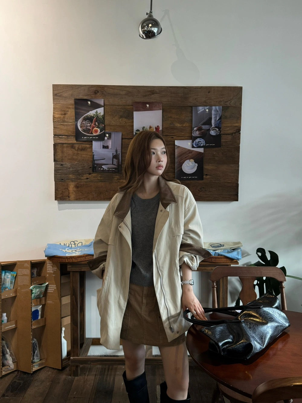 J29 / 美式復古拼燈芯絨領可束腰中長trench coat
