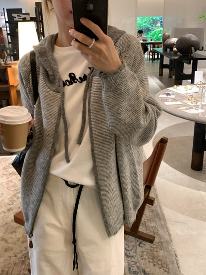 // 拼色連帽細間條拉鍊CD