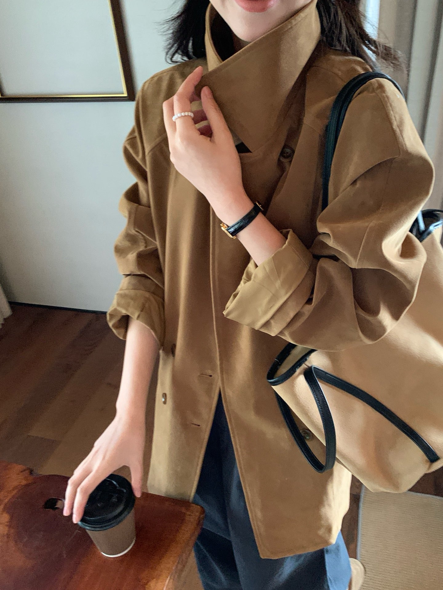 (現貨) // 薄款麂皮絨中長翻領外套