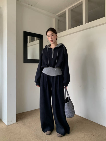 // 假兩件連帽拉鍊上衣+全長褲兩件套