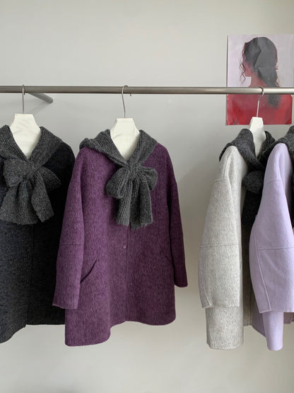 // 10%alpaca+90%wool簡約圓領手工外套(連頸巾)