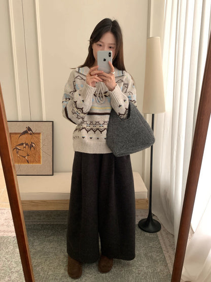 // 60%綿羊毛復古花紋綁帶翻領毛衣