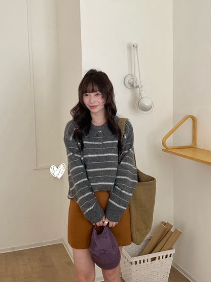 // 超軟糯miu風翻領間條毛衣