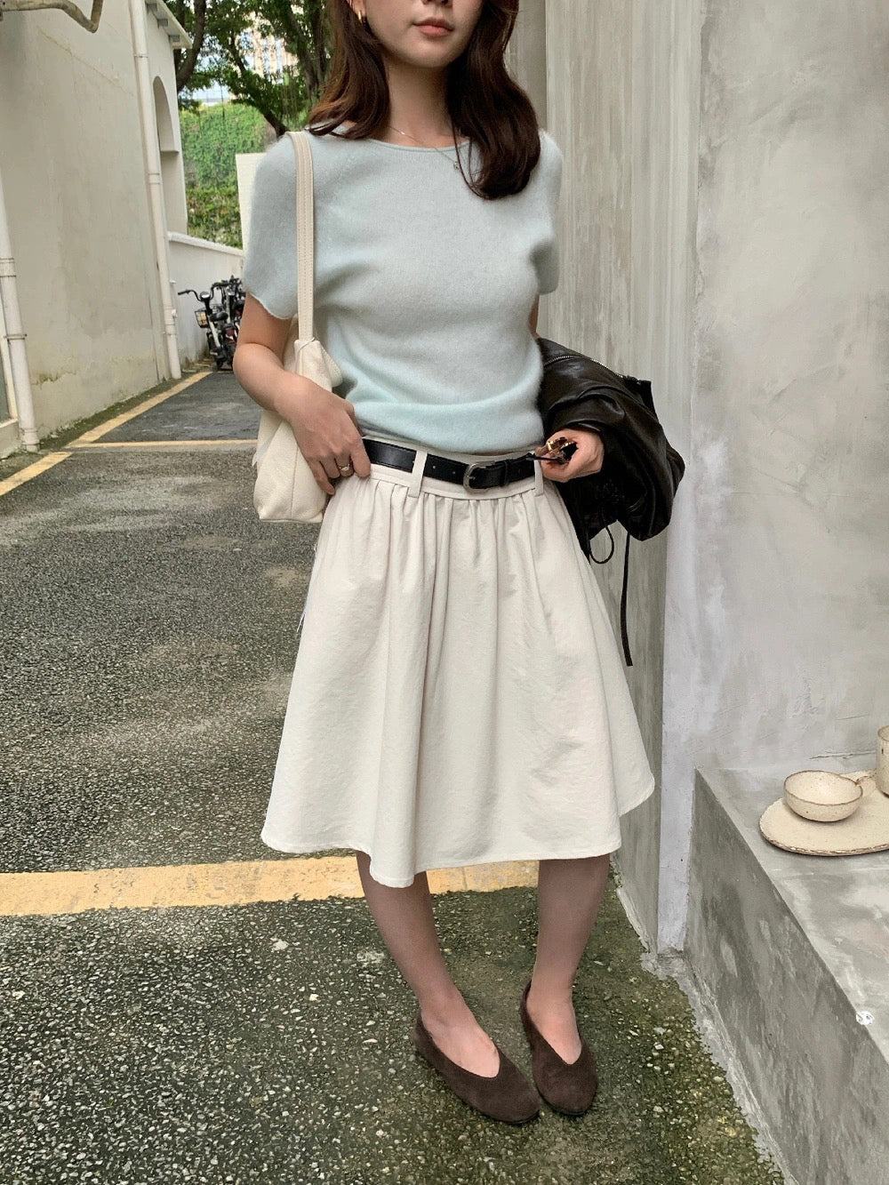 S07 / 褶褶傘型遮肉中腰半身裙(連腰帶)