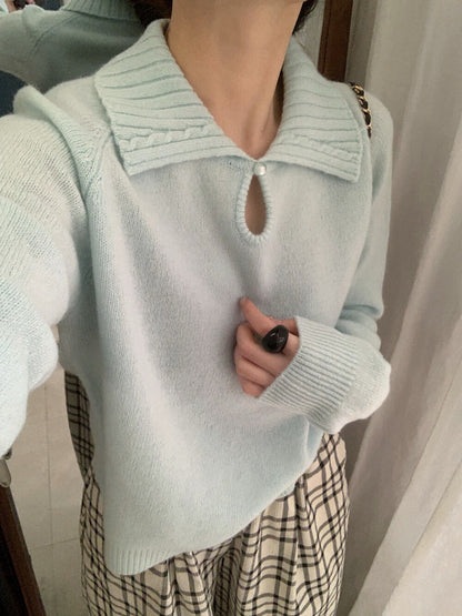 // 100%綿羊毛小鈕扣鏤空翻領NT