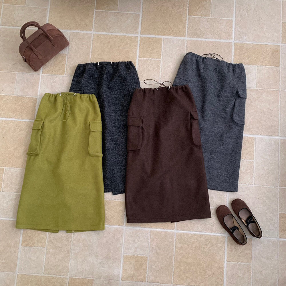 // 50%羊毛雙口袋工裝毛呢半裙