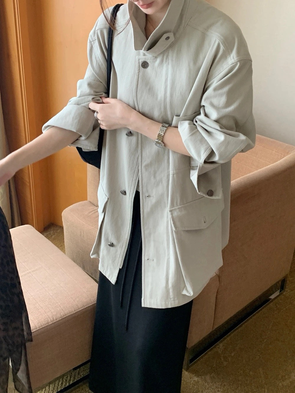 J10 / 超氣質可立領口袋中長trench coat