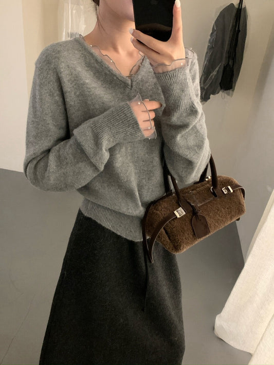 // 5%羊毛拼接lace+釘珠V領NT