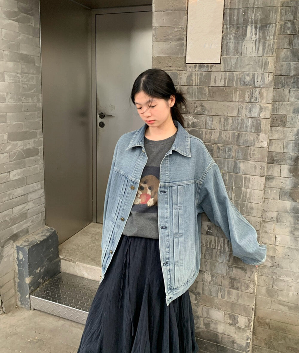 J01 / 壓褶工藝oversize復古洗水牛仔外套