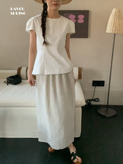 // 11色100%麻質後開叉中裙