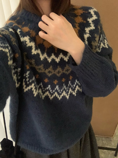 // 20%羊毛聖誕必備花紋圓領毛衣