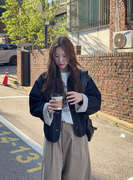 // 復古感明線格仔內裡拼接牛仔外套