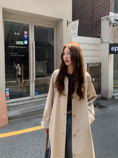 // 背後鈕扣設計翻領長款trench coat