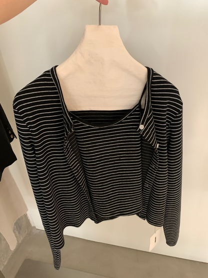 // 慵懶親膚間條吊帶+外套套裝