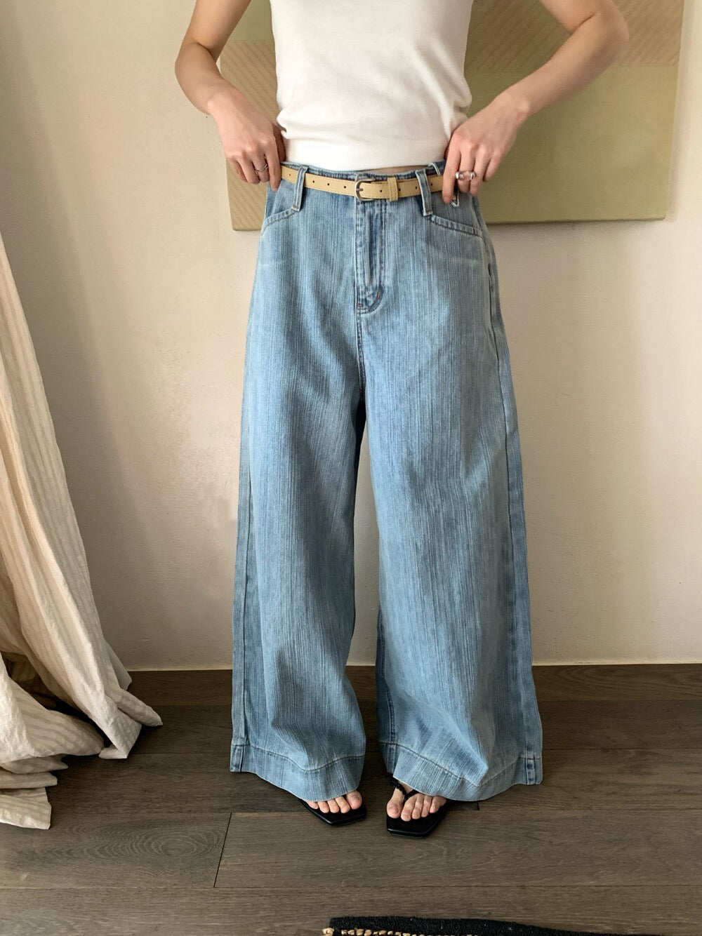 // 超舒服竹節棉軟身牛仔闊褲(連腰帶)