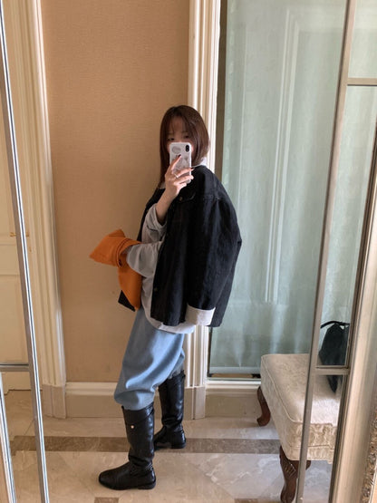 // 拼色燈芯絨領牛仔外套