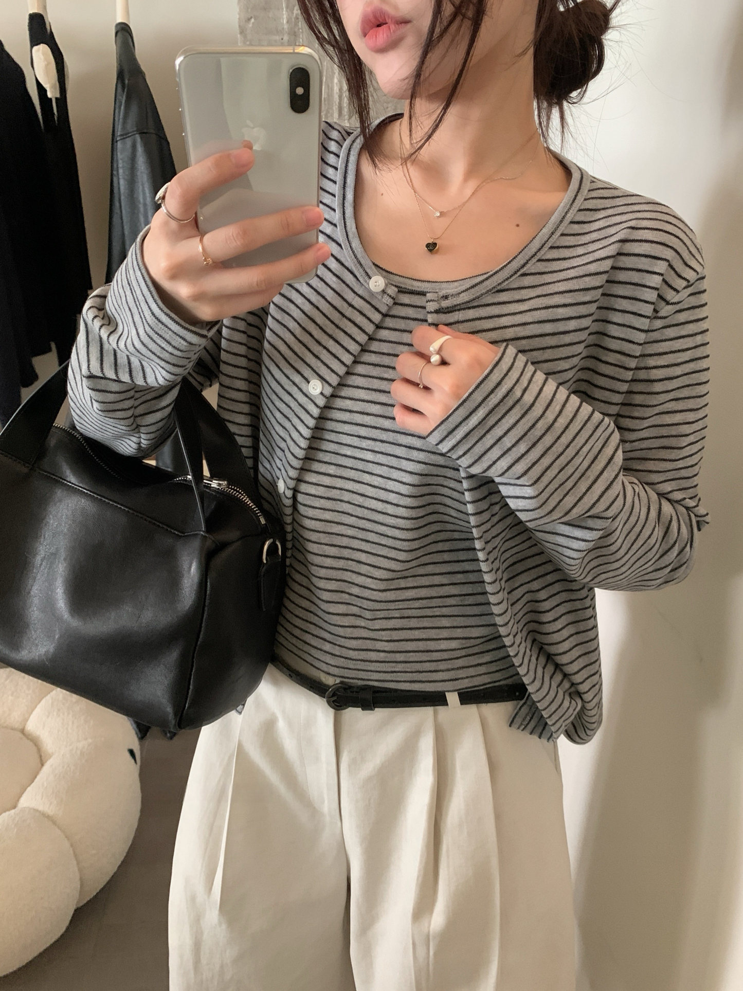 // 慵懶親膚間條吊帶+外套套裝