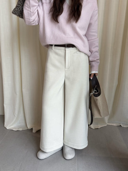 // 小口袋裝飾加絨直腳混羊毛呢褲(連腰帶)