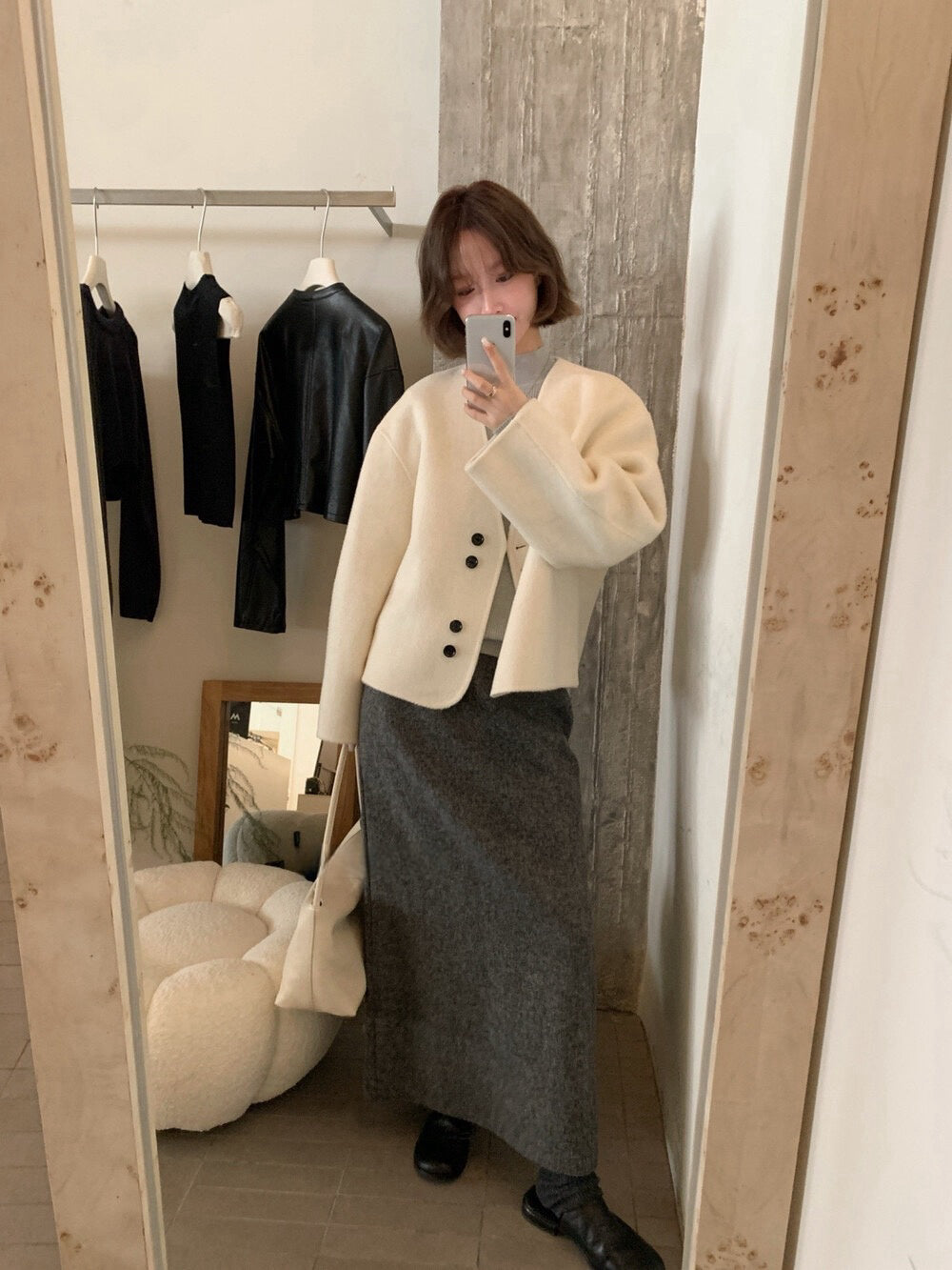 // 極美double鈕扣深V簡約100%雙面羊毛手工外套