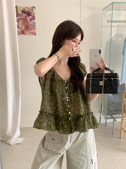 B77 / 小碎花後綁帶荷葉腳BL