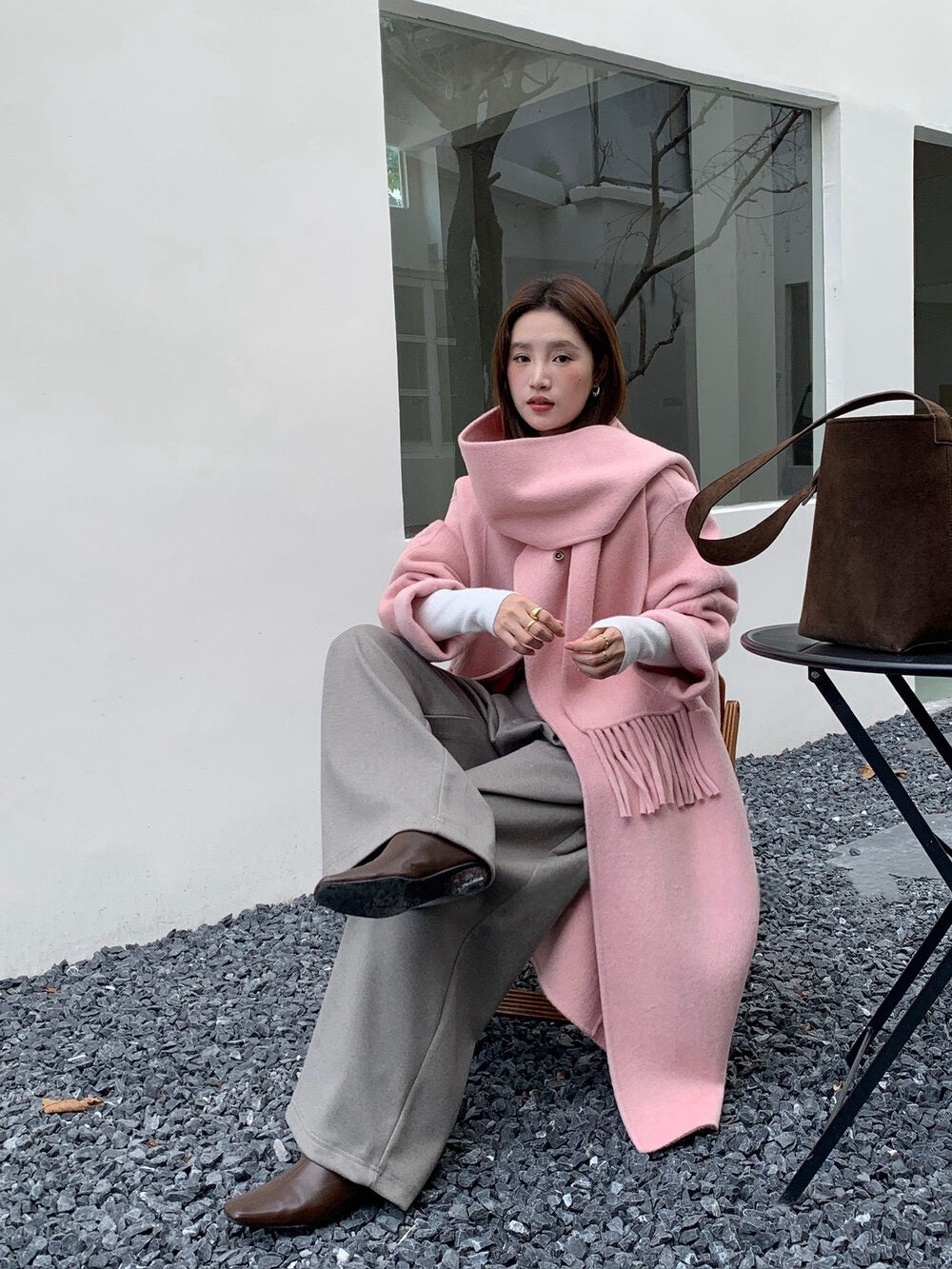 // 100%wool簡約圓領手工雙面長外套(連頸巾)