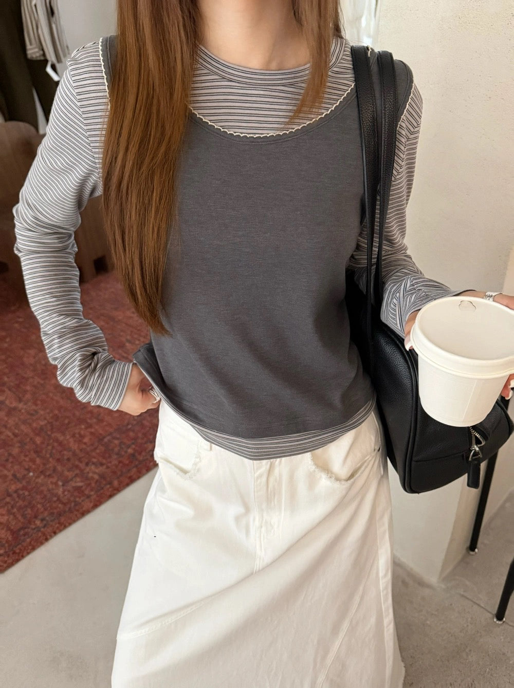 B113 / 間條拼接花邊背心假兩件TEE