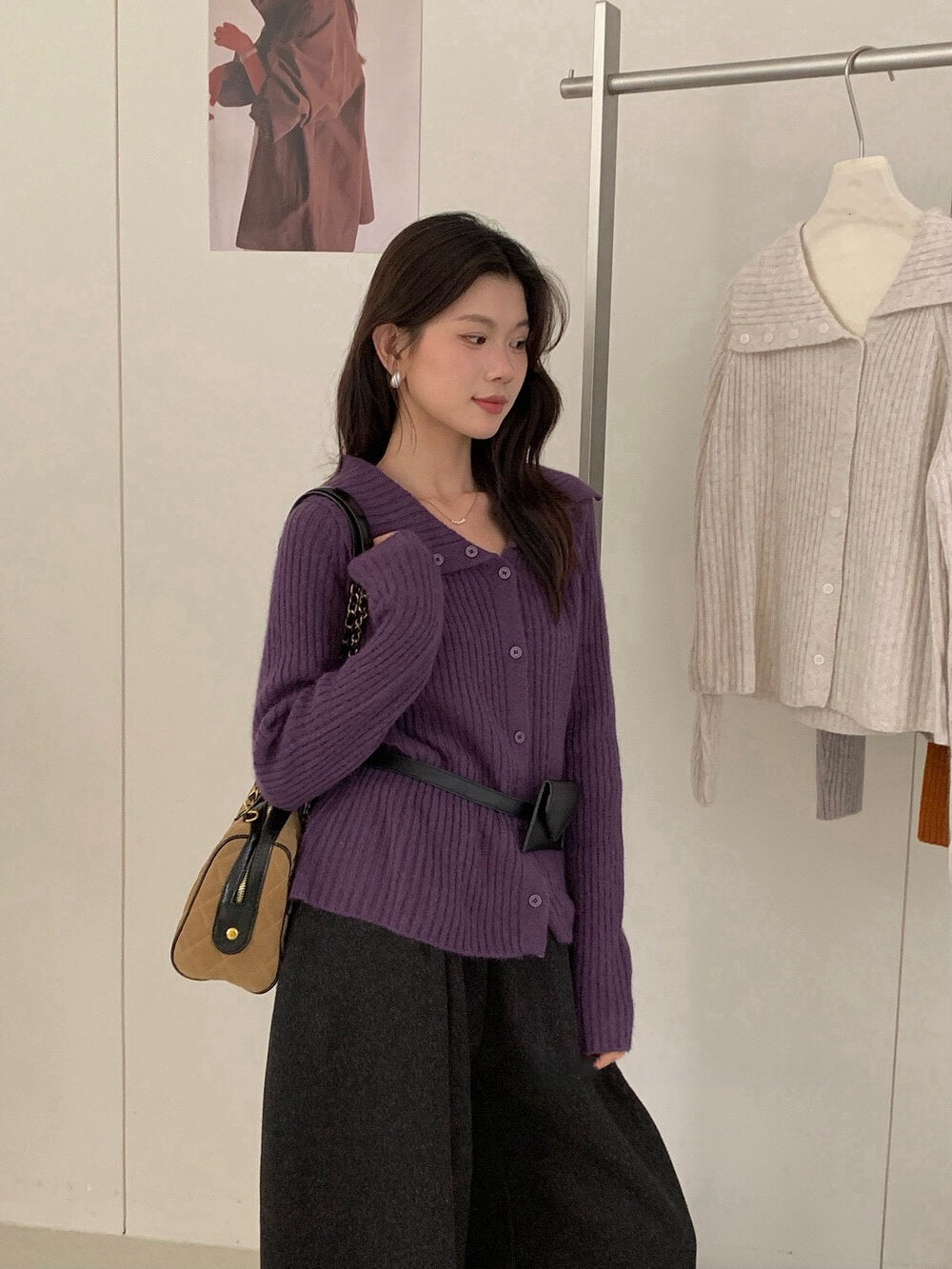 // 設計感大翻領側排扣NT