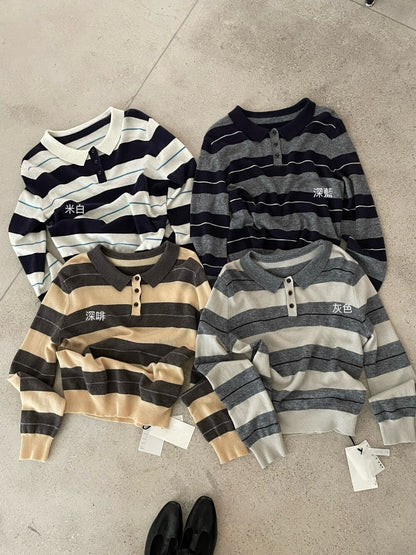 K06 / 慵懶寬鬆復古風間條翻領KN(33%wool)