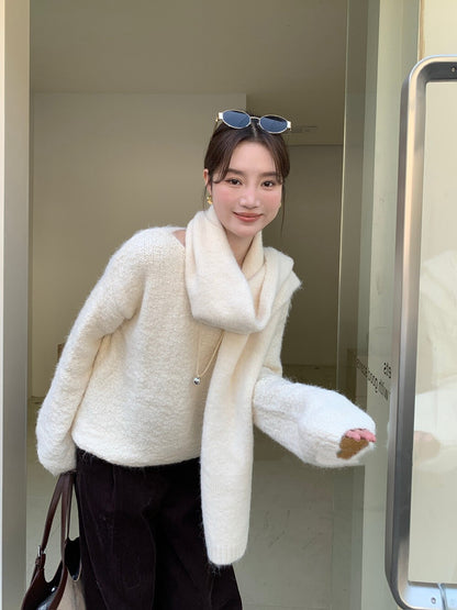 // 慵懶感寬鬆款連頸巾毛衣