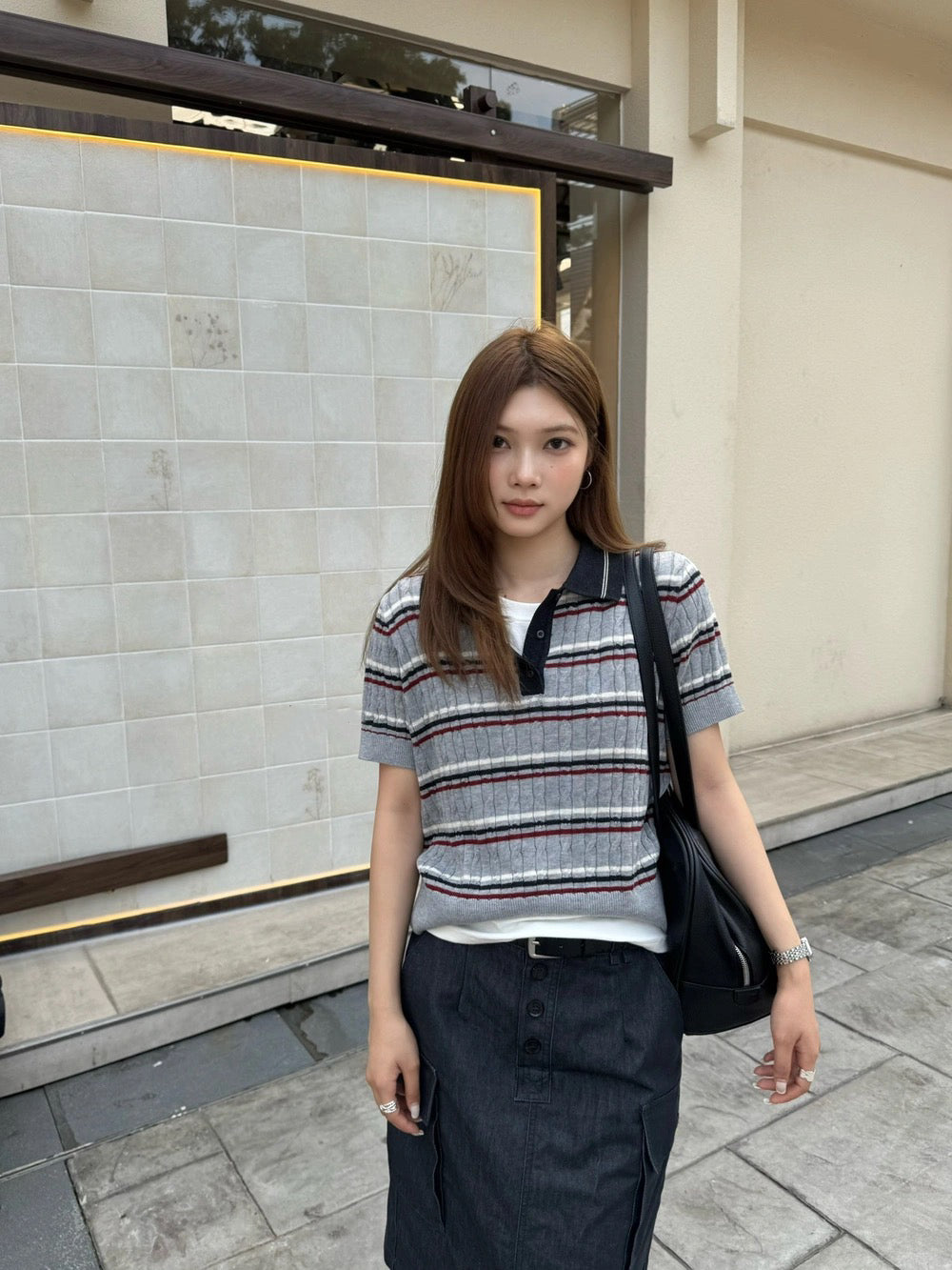 B126 / 復古撞色Miu系間條短袖針織上衣