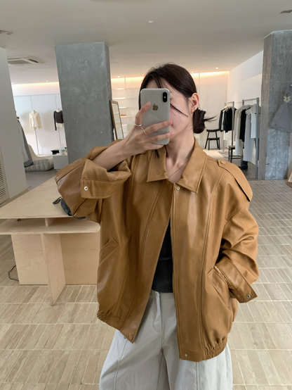 // 復古帥氣彷皮機車外套