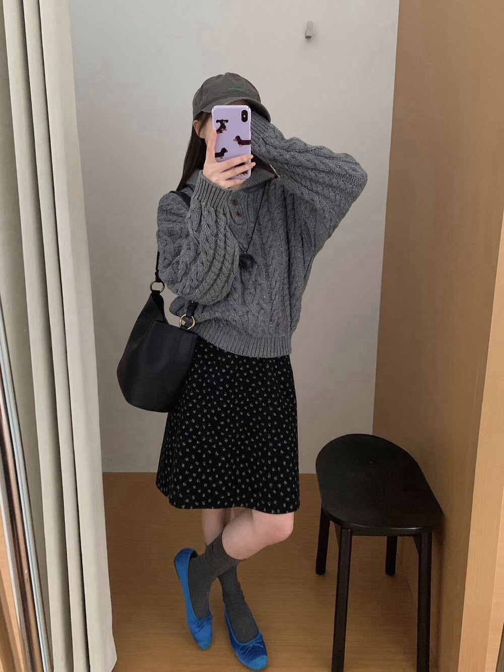 // 30%羊毛紋理感麻花鈕扣翻領毛衣