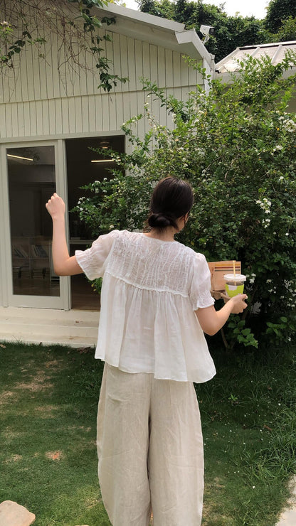 B23 / 100%麻打褶綁帶V領微傘BL