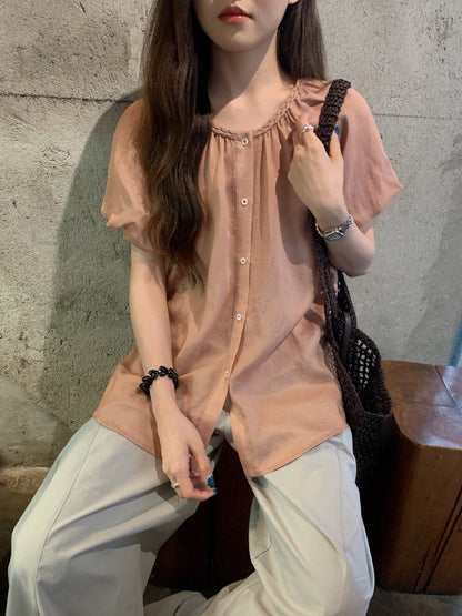 // 麻花領lyocell麻泡泡袖BL