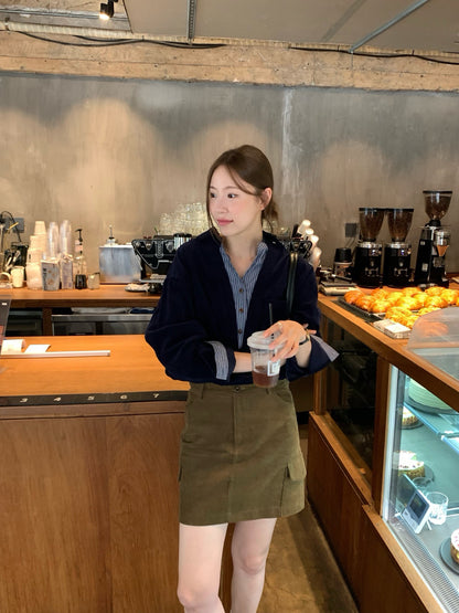 // 假兩件口袋拼接恤衫燈芯絨上衣