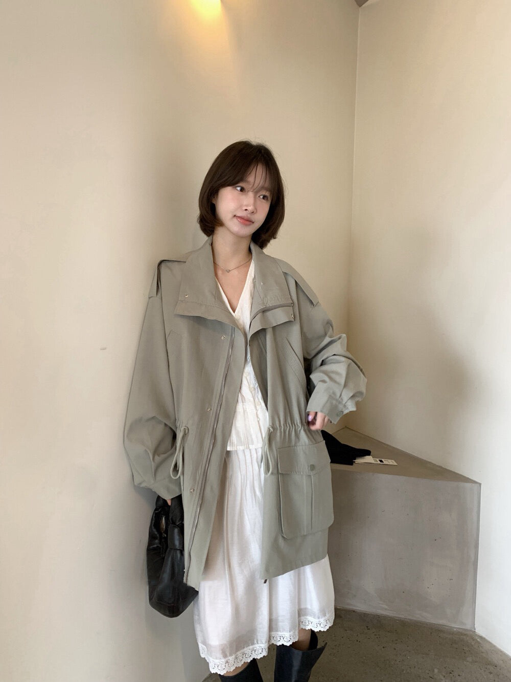 🫒 帥氣可立領束腰口袋工裝外套